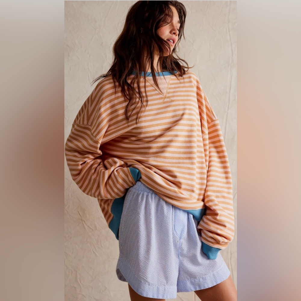 Free People Wee the Free Classic Striped Oversized Crewneck Sweatshirt,Size-XS